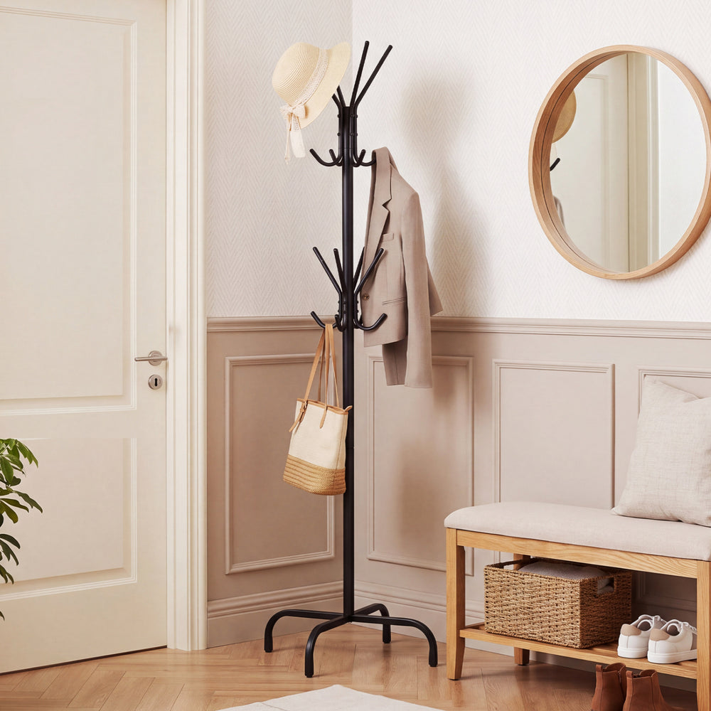 Black metal coat rack with 16 hooks and 4 legs, designed for stable organization of hats, scarves, and bags in any room.