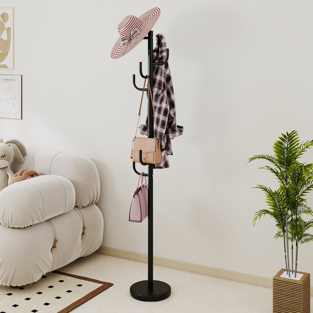 Stylish metal coat rack stand showcasing a hat and bags, designed for efficient space-saving in modern entryways.