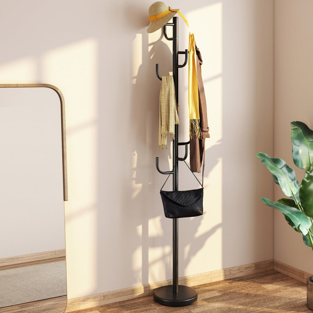 Metal coat rack stand with a sleek design and 8 sturdy hooks, perfect for maximizing vertical space in any room.