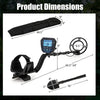 Product dimensions of a metal detector with adjustable length, backlit LCD display, and multipurpose shovel for.