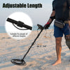 Metal detector with adjustable length from 44.5" to 54", featuring a backlit LCD display for easy treasure hunting.