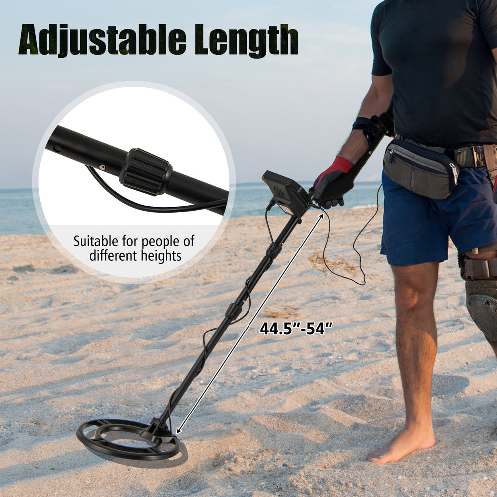 Metal detector with adjustable length from 44.5" to 54", featuring a backlit LCD display for easy treasure hunting.