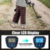 Close-up of the clear backlit LCD display on a metal detector, showcasing depth and detection modes for effective.