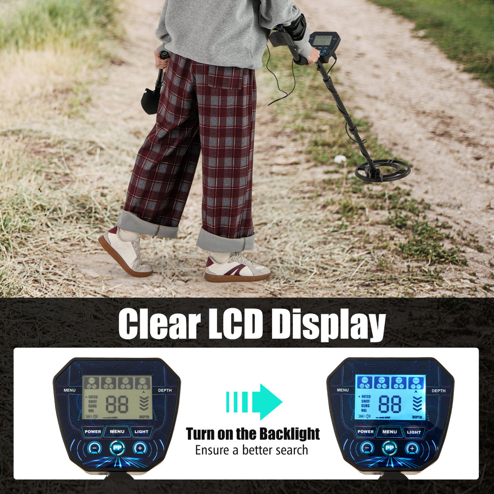 Close-up of the clear backlit LCD display on a metal detector, showcasing depth and detection modes for effective.