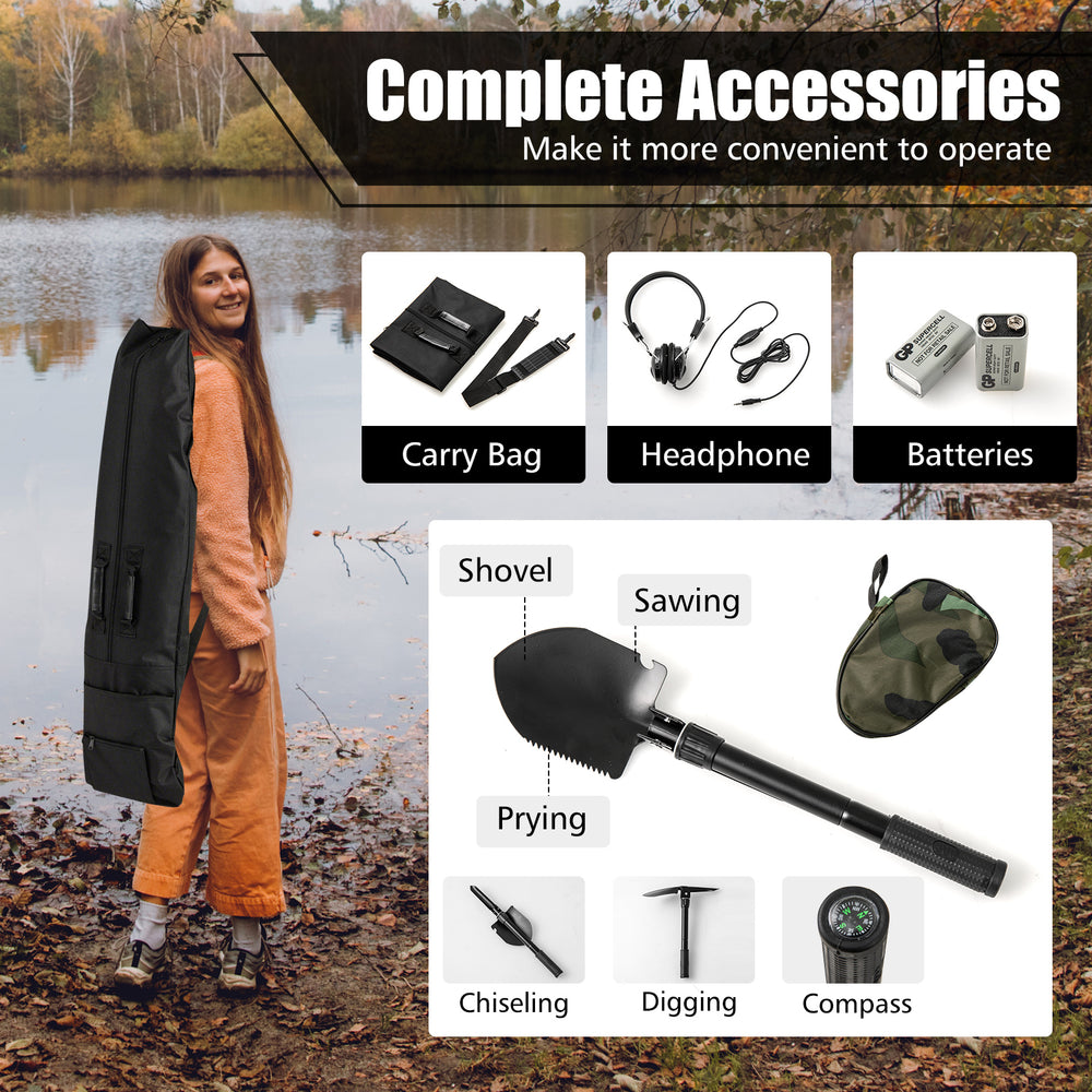 Multipurpose shovel with carry bag and accessories for the Metal Detector, enhancing convenience for treasure hunting.