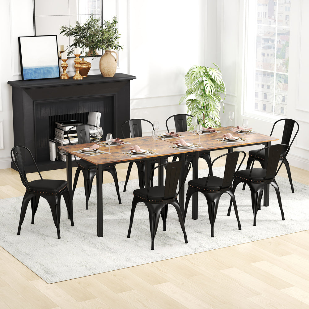 Stackable black metal dining chair set of 4 with cushioned seats and removable backs, perfect for dining rooms or cafes.