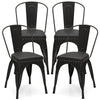 Set of 4 black metal dining chairs with removable backs and cushioned seats, ideal for dining rooms and cafes.