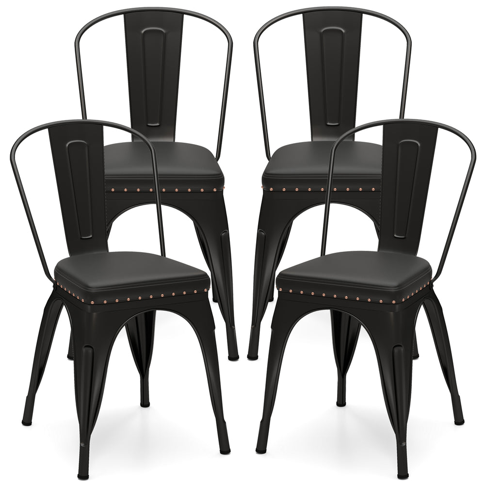 Set of 4 black metal dining chairs with removable backs and cushioned seats, ideal for dining rooms and cafes.