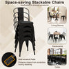 Stackable black metal dining chairs with cushioned seats and removable backs, ideal for cafes and dining rooms.