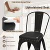 Black metal dining chair with removable back and cushioned PU leather seat, featuring rivets for a retro look.