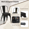 Close-up of a black metal dining chair showcasing ergonomic backrest, PU leather cushion, and chic rivet decoration.