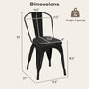 Black metal dining chair with removable back, PU leather cushioned seat, and dimensions for stackable storage.