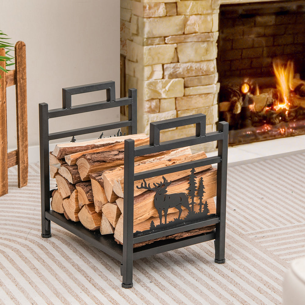 Metal firewood rack with dual handles, featuring a moose design, for tidy indoor or outdoor firewood storage.