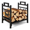 Metal firewood rack with dual handles, featuring moose design, sturdy construction, and elevated for wood dryness.