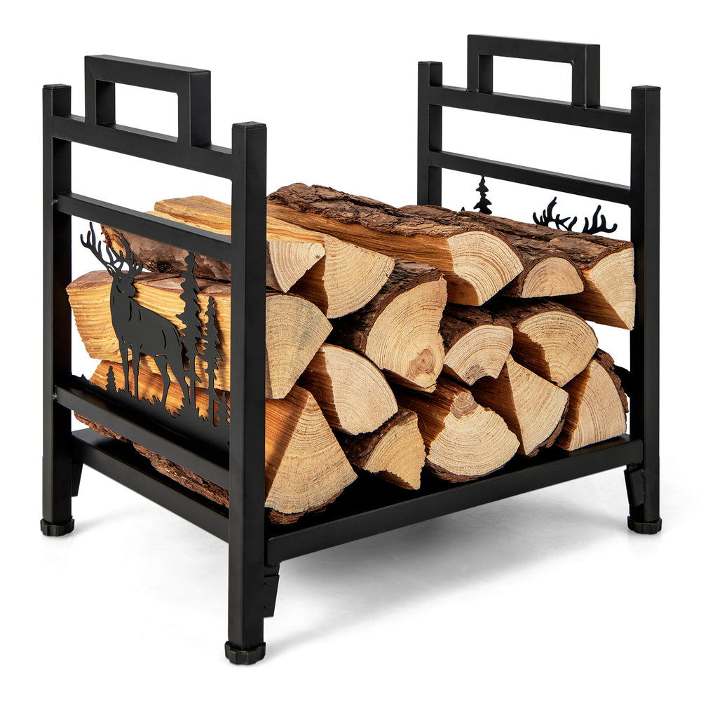 Metal firewood rack with dual handles, featuring moose design, sturdy construction, and elevated for wood dryness.