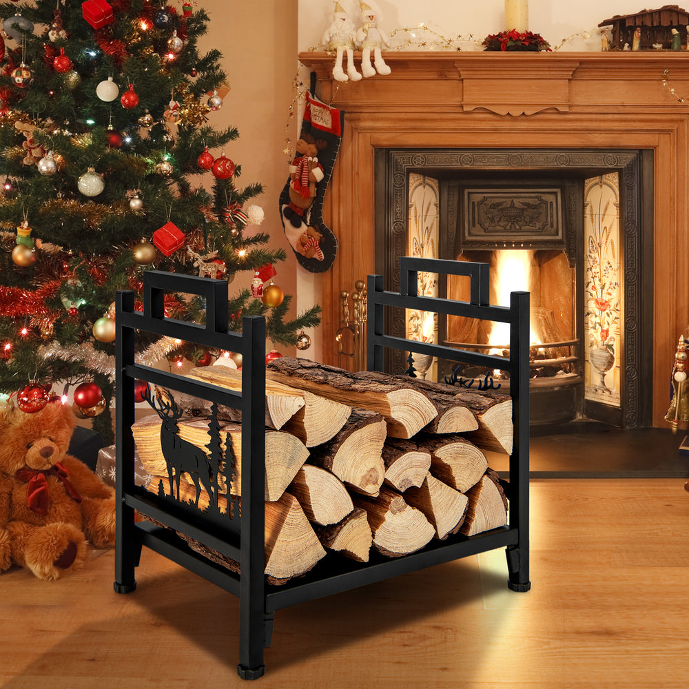 Metal firewood rack with dual handles, featuring a decorative moose design, perfect for indoor or outdoor wood storage.