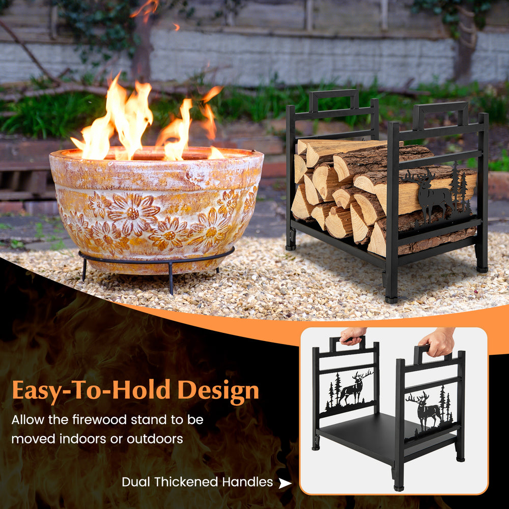 Metal firewood rack with dual handles, 18.5 inches, features moose design, elevated for firewood dryness, ideal for.