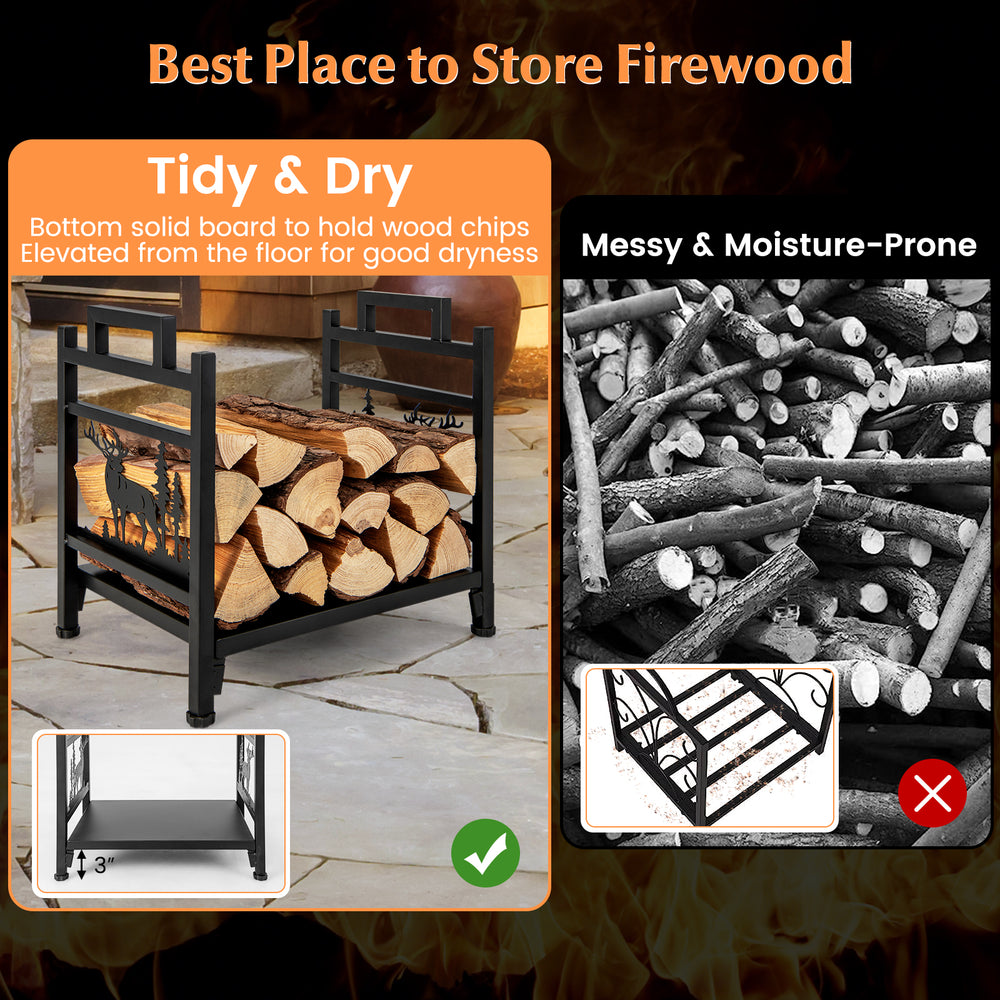 Metal firewood rack with dual handles, 18.5 inches tall, elevated for dryness, perfect for indoor or outdoor use.