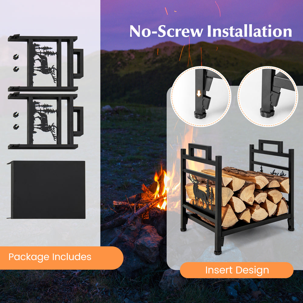 Metal firewood rack with dual handles, 18.5 inches, featuring no-screw installation and moose design for outdoor use.