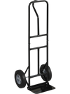 Heavy-duty metal hand truck with P-handle and 10-inch rubber wheels, designed for easy transport and loading.