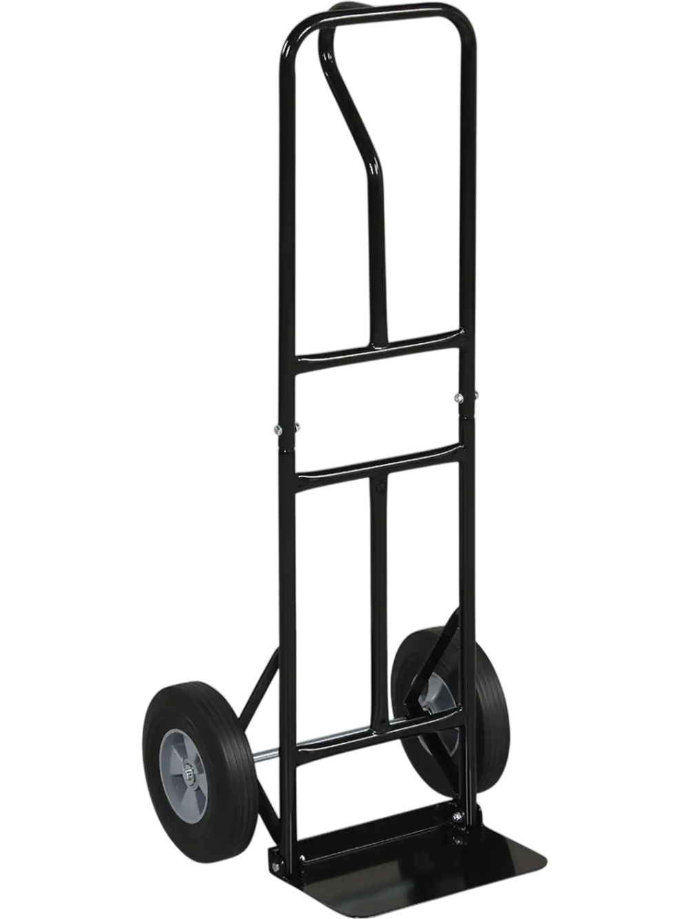 Heavy-duty metal hand truck with P-handle and 10-inch rubber wheels, designed for easy transport and loading.