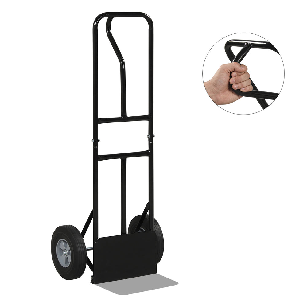 Heavy-duty metal hand truck with P-handle and 10-inch rubber wheels, designed for easy one-hand operation and stable.