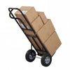 Heavy-duty metal hand truck with P-handle and stacked boxes, supports 600 lbs, ideal for home and warehouse use.