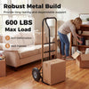 Heavy-duty metal hand truck with P-handle and 10-inch rubber wheels, supporting 600 lbs for easy moving and loading.