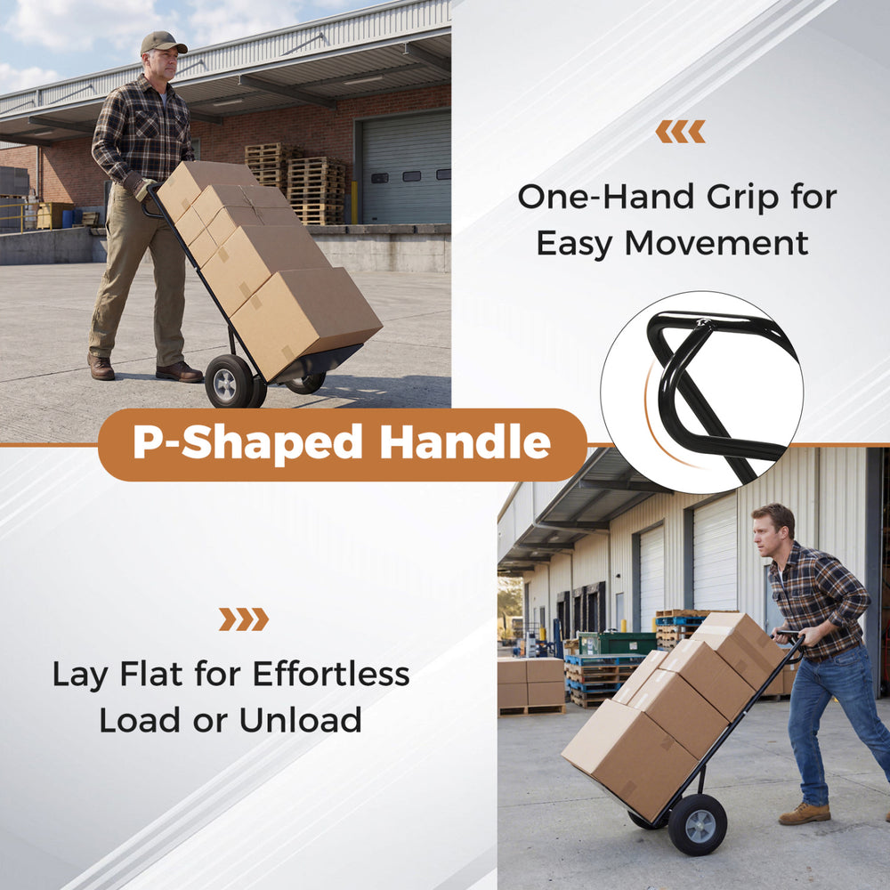 Heavy-duty metal hand truck with P-shaped handle for easy one-hand control, designed for 600 lbs capacity and.