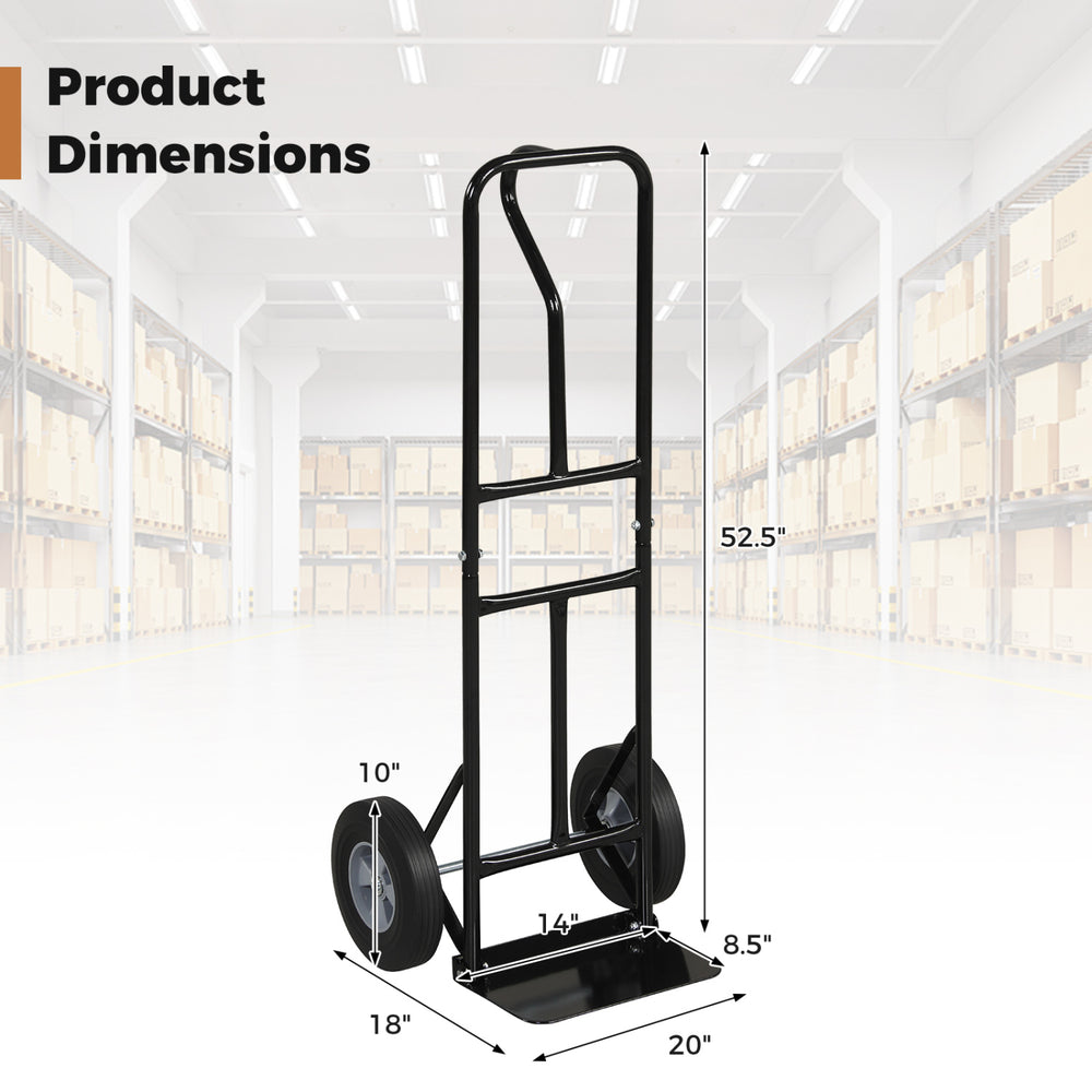 Heavy-duty metal hand truck with P-handle, 10-inch rubber wheels, and foldable base for easy transport and storage.