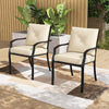 Stackable metal outdoor dining chair set of 2 with beige cushions, perfect for patio relaxation and alfresco dining.