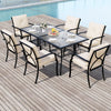 Stackable patio chairs with beige cushions and armrests, perfect for outdoor dining and relaxation on your patio.
