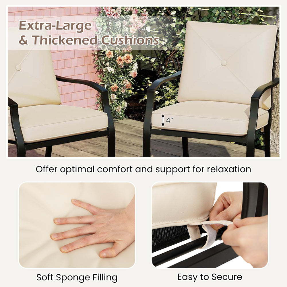 Stackable metal outdoor dining chairs with beige cushions, featuring ergonomic support and easy-to-secure fasteners.