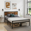 Full/Queen bed with rustic headboard and footboard, featuring a heavy-duty metal frame and ample under-bed storage.