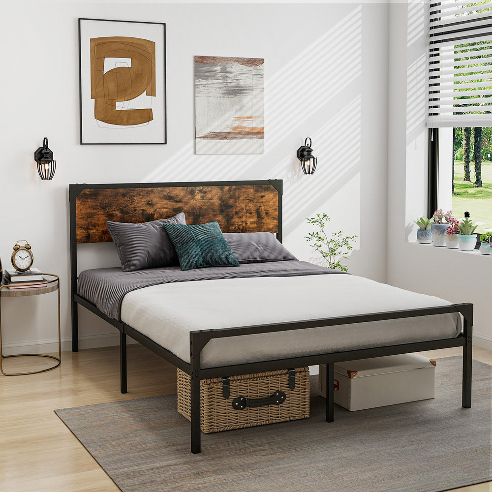 Full/Queen bed with rustic headboard and footboard, featuring a heavy-duty metal frame and ample under-bed storage.
