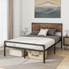 Full/Queen bed with rustic headboard, heavy-duty metal frame, and ample under-bed storage for a cozy bedroom setup.