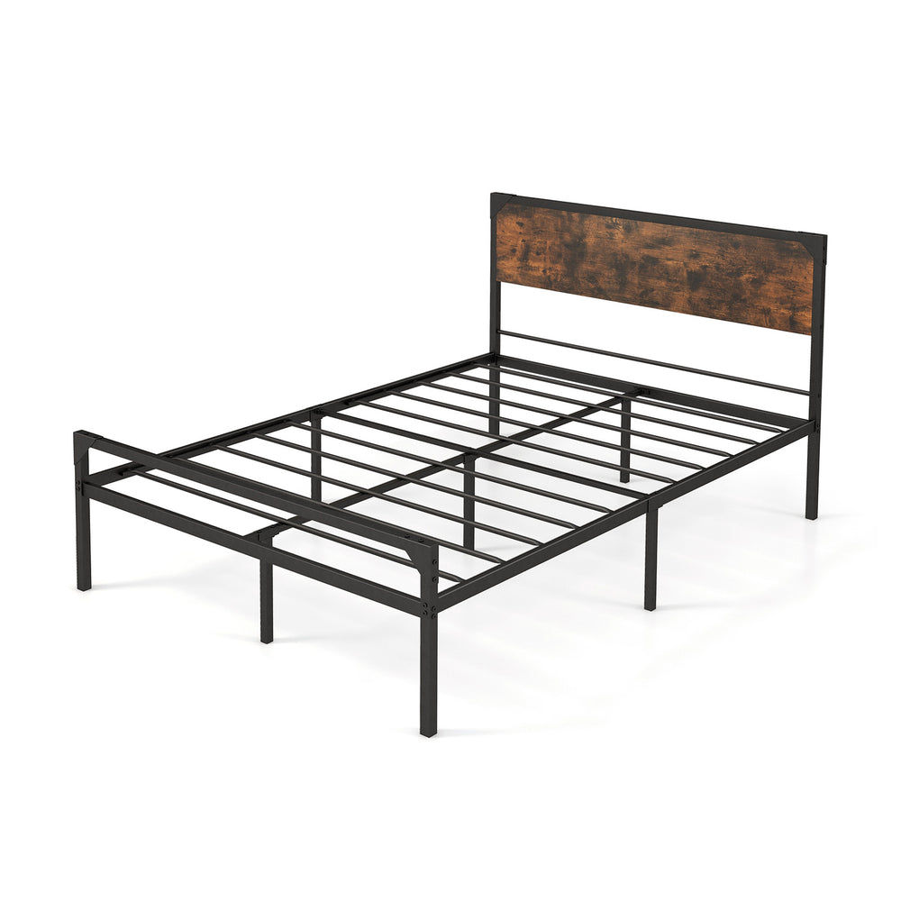 Platform full/queen bed with rustic headboard, heavy-duty metal frame, and slatted design for ample under-bed storage.