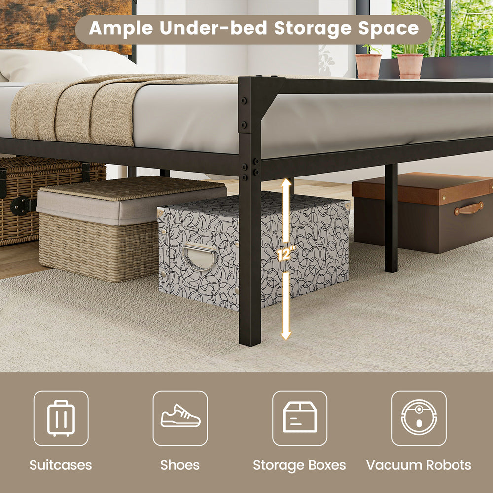 Platform bed with rustic headboard, showcasing 12 inches of under-bed storage for suitcases and boxes.