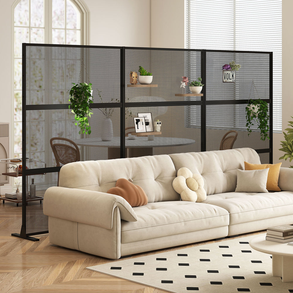 Metal privacy screen set with mesh surface and H-shaped legs, ideal for indoor use and plant concealment.