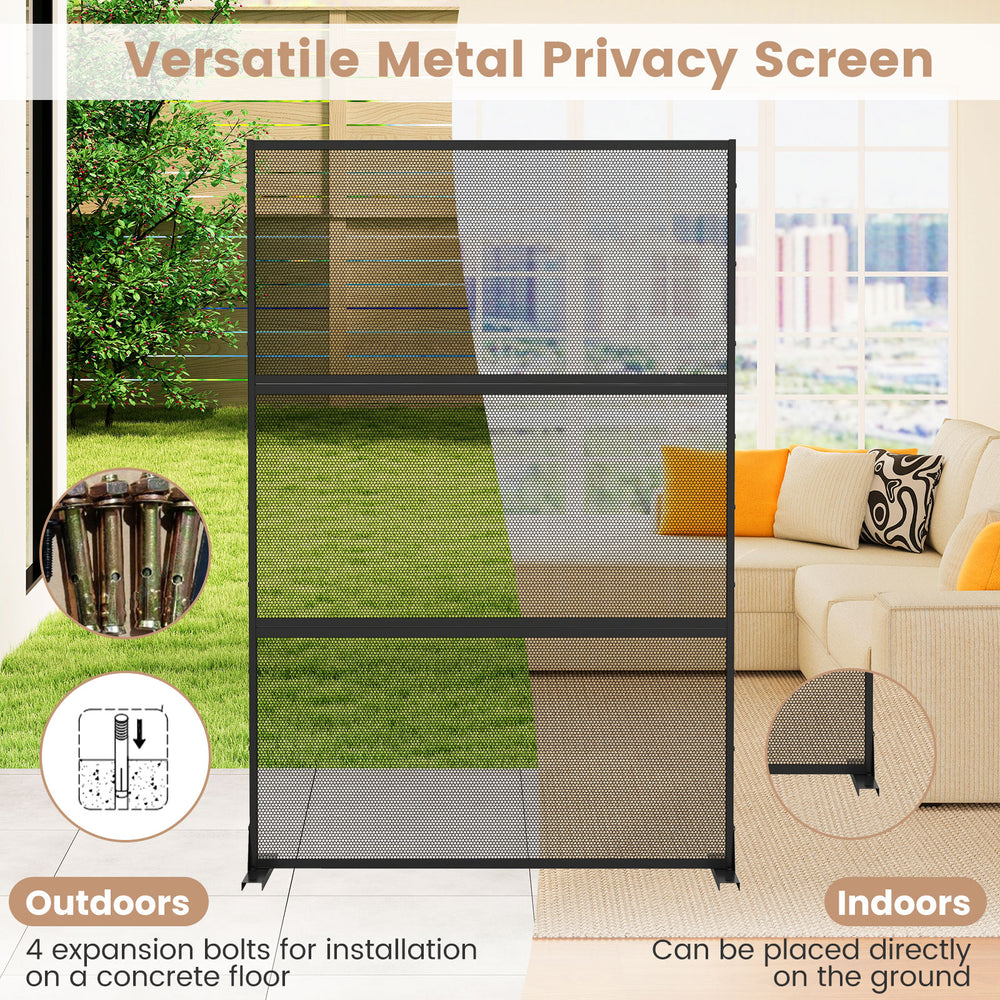 Metal privacy screen with mesh surface and H-shaped legs, ideal for outdoor installation or indoor use.