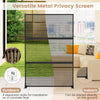 Metal privacy screen in black with mesh surface and H-shaped legs, ideal for outdoor or indoor use and plant.