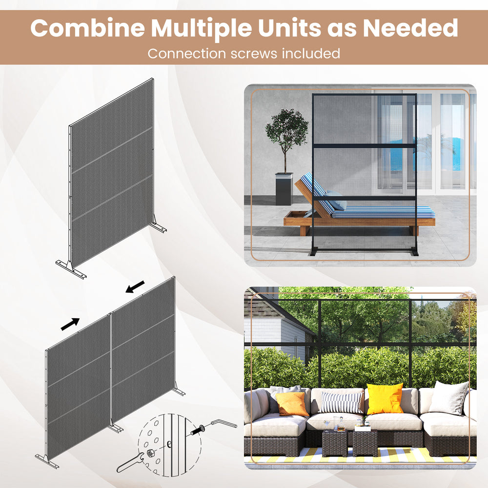 Metal privacy screen in black with mesh surface and H-shaped legs, ideal for outdoor use and combining multiple units.
