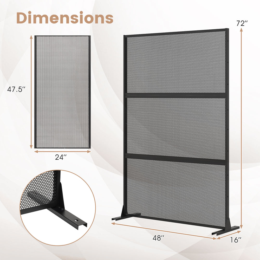 Metal privacy screen in black, featuring a mesh surface and H-shaped legs for stability, ideal for outdoor use.