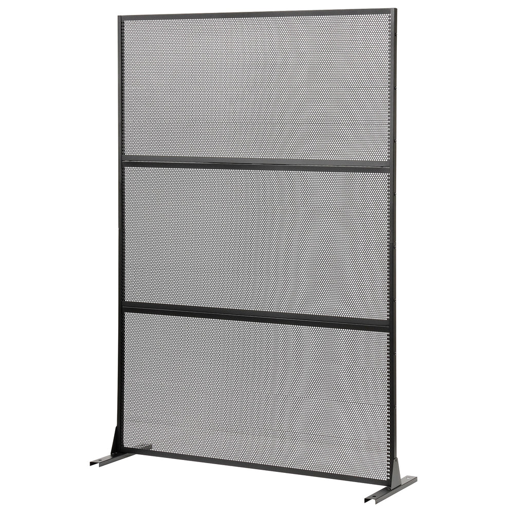 Metal privacy screen in black with mesh surface, sturdy H-shaped legs, ideal for outdoor installation or indoor use.