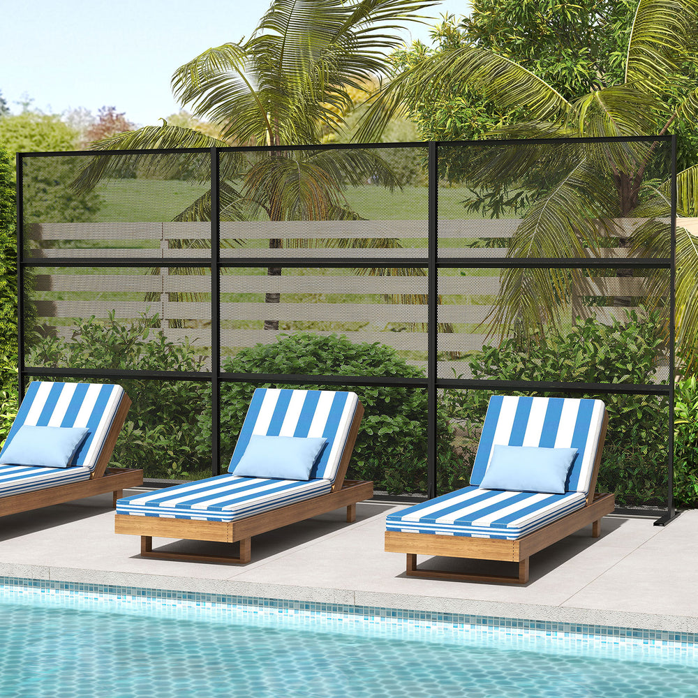 Metal privacy screen in black with mesh surface, ideal for outdoor use, enhancing stability and ventilation.