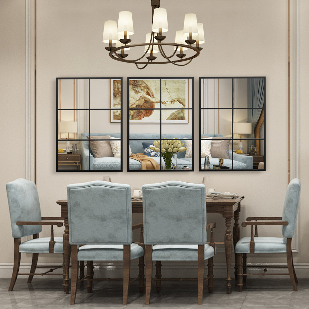 3-layered decorative wall mirror with a black metal frame, enhancing the dining room's modern decor and functionality.