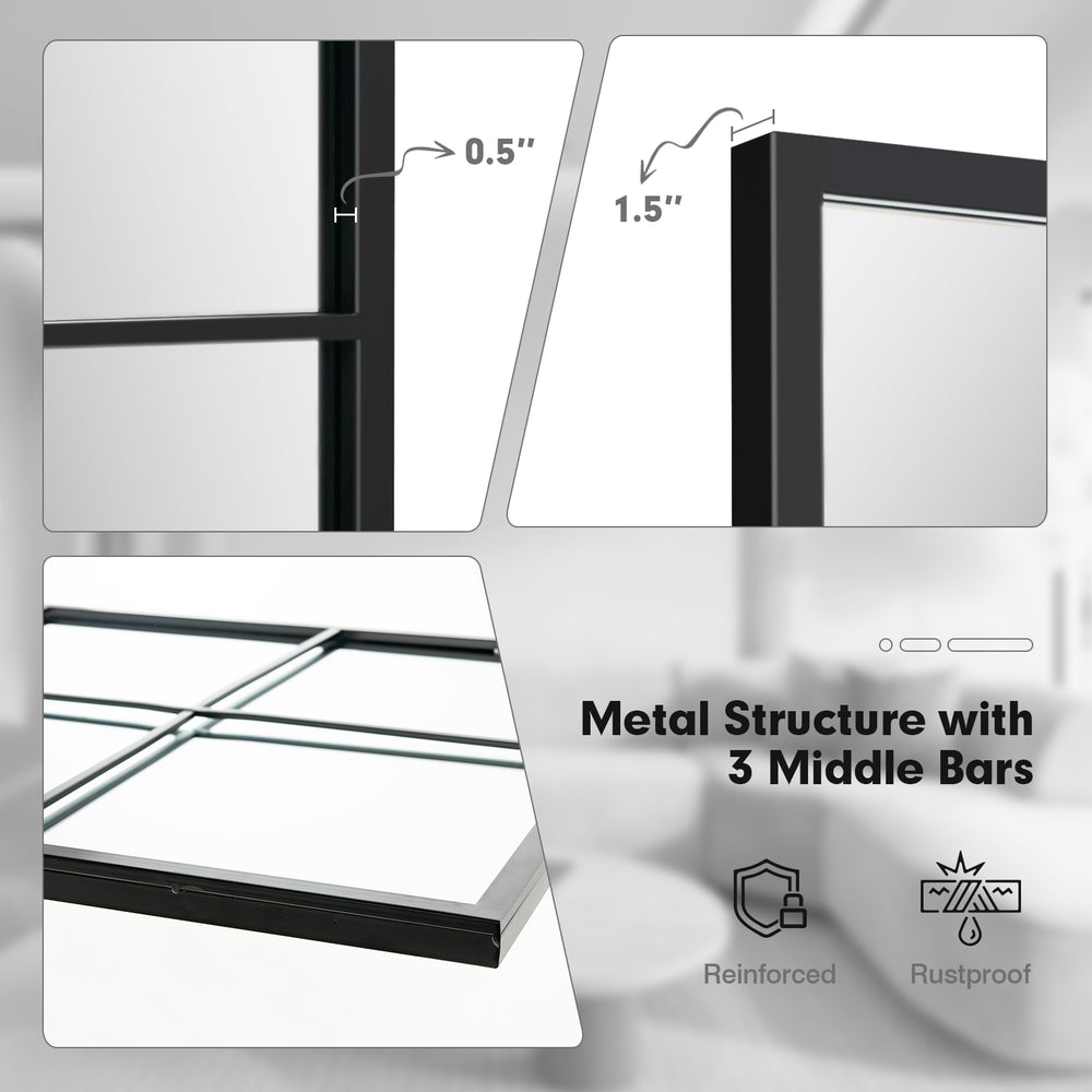 Close-up of the 3-layered decorative wall mirror with a rustproof black metal frame and reinforced structure for.