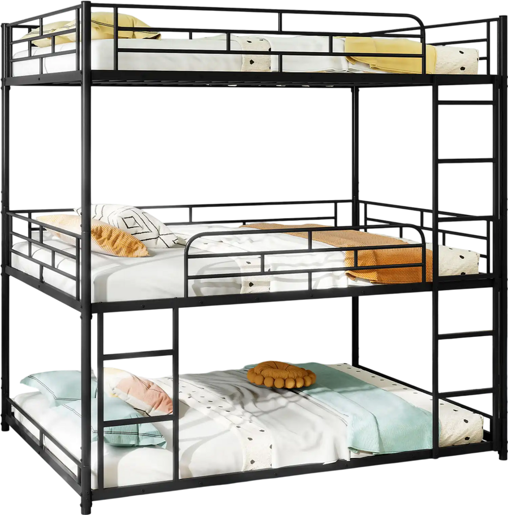 Metal triple bunk bed in black with safety guardrails, two ladders, and space-saving design for small rooms.