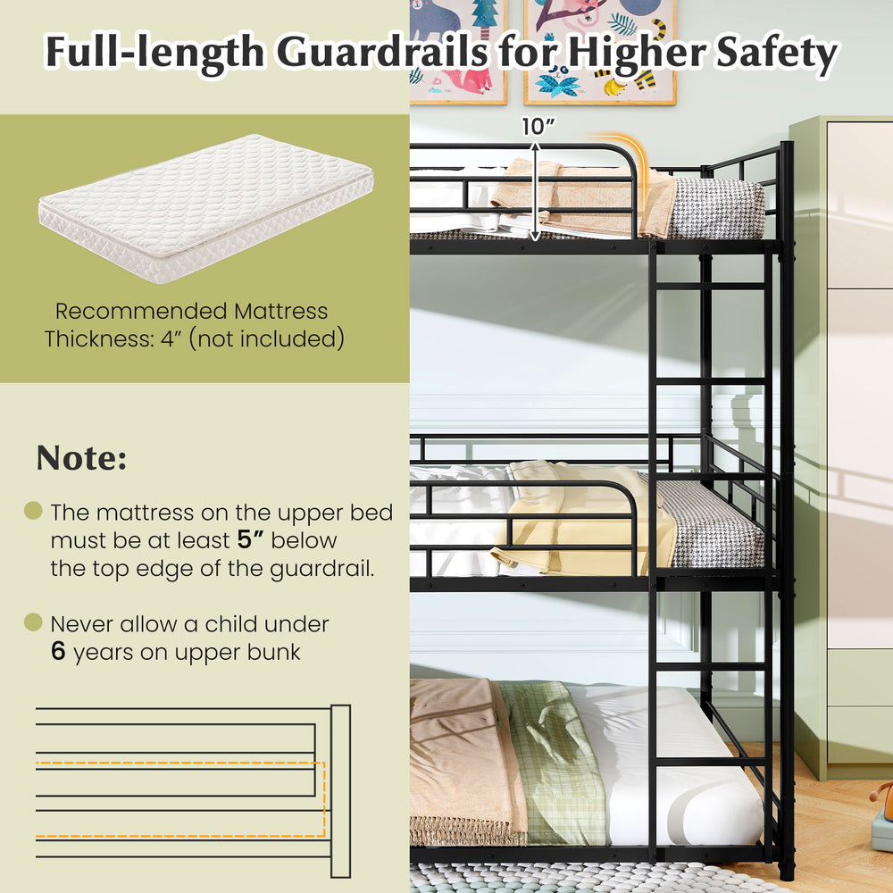 Metal triple bunk bed in black with full-length guardrails and two ladders, ideal for space-saving in smaller rooms.