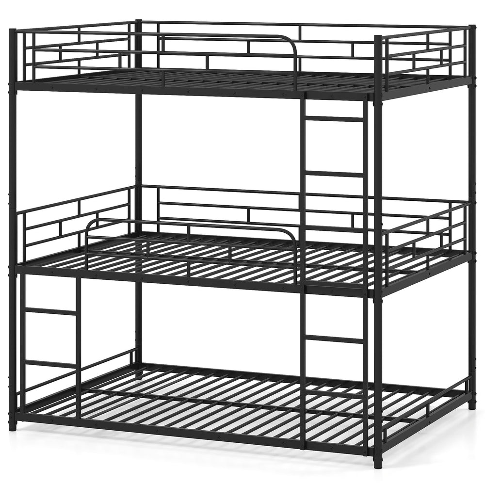 Metal triple bunk bed in black with safety guardrails and two ladders, ideal for space-saving in smaller rooms.